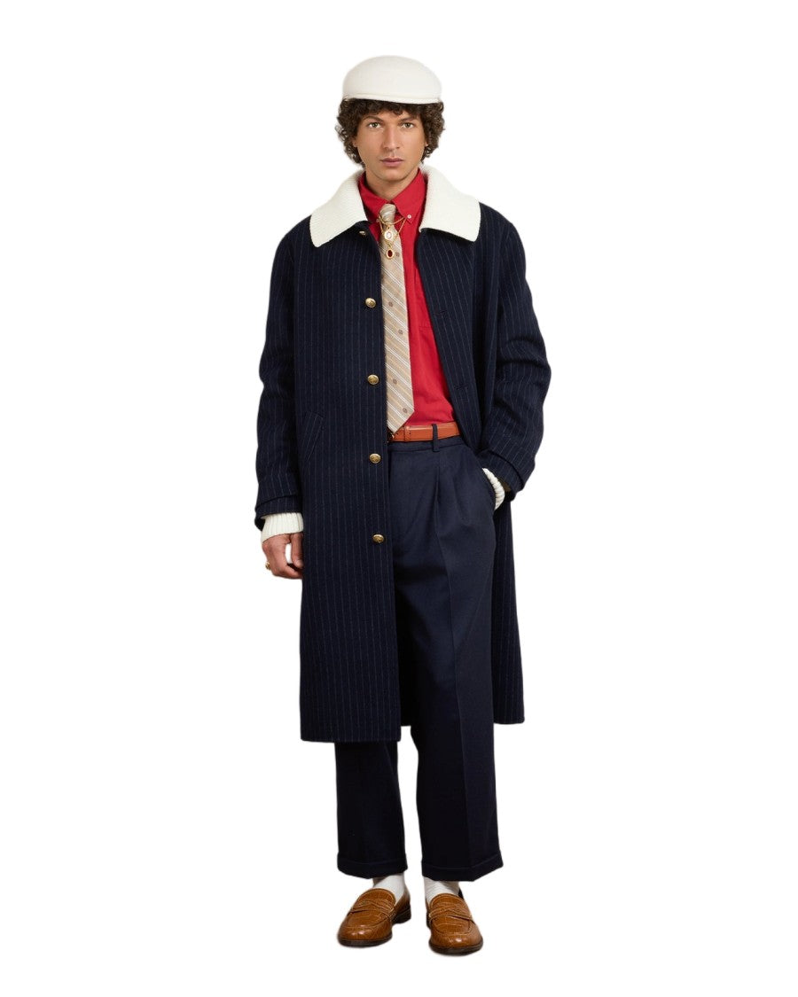 Drôle De Monsieur Dark Navy Striped Double-Sided Wool-Blend Coat