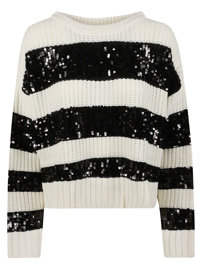 Patrizia Pepe Cropped Sequined Bands Acrylic-Wool Sweatshirt