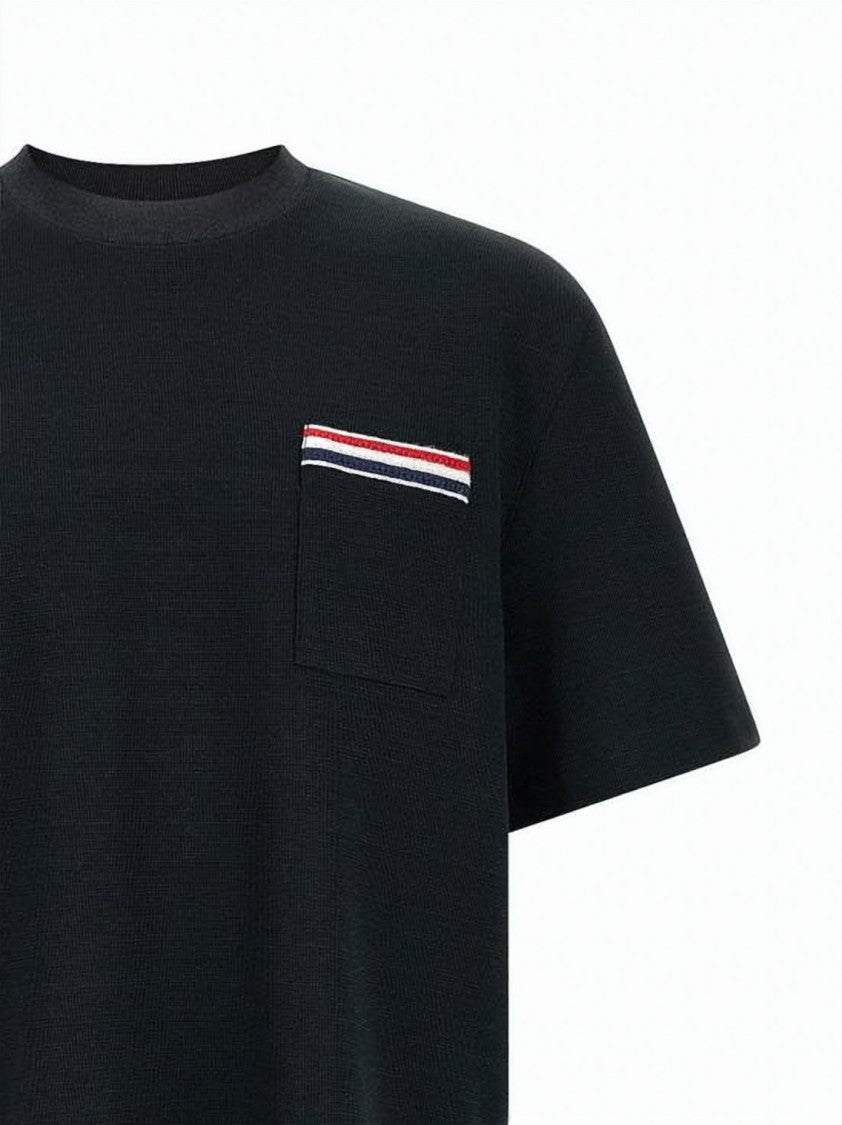 Thom Browne Textured Black Polo T-Shirt With Striped Accents