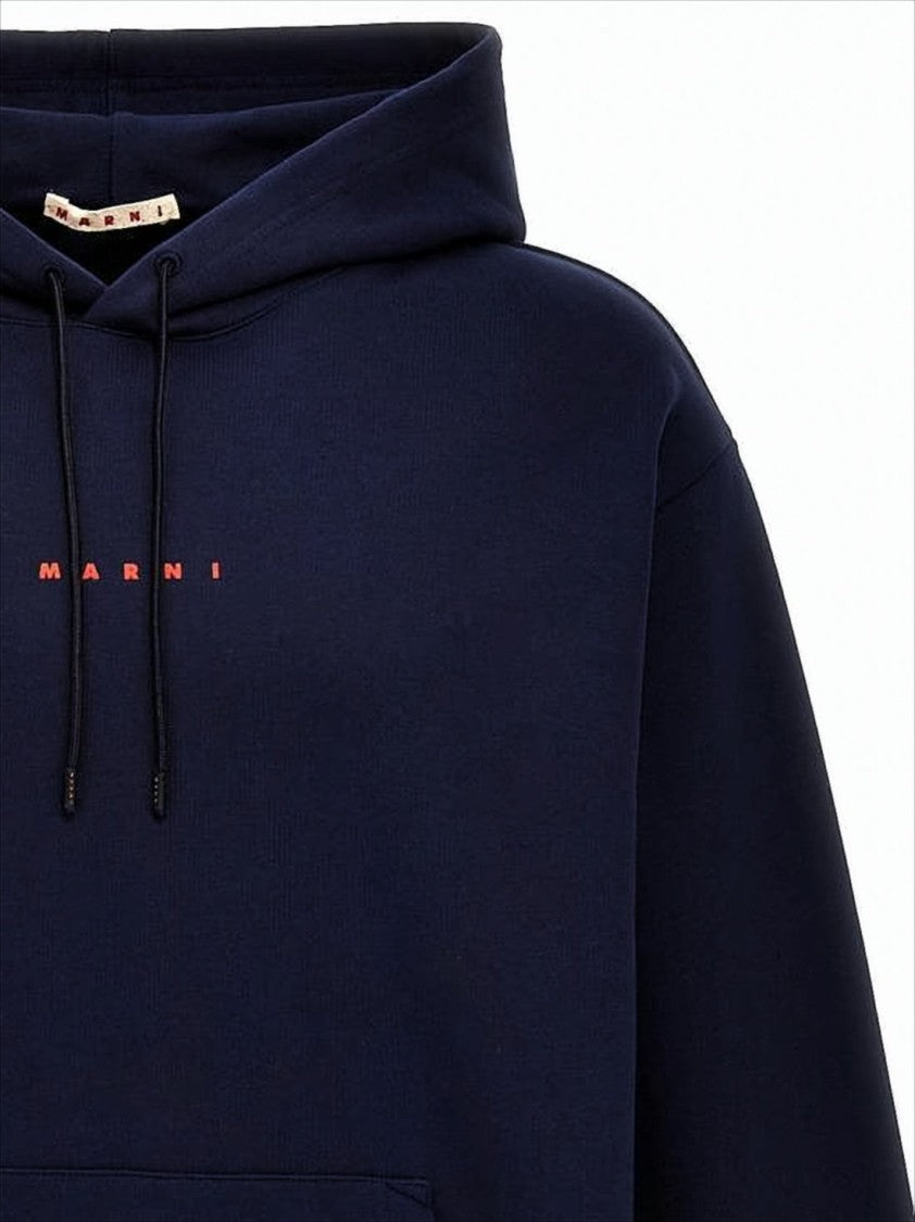 Marni Navy Blue Hoodie With Drawstring Hood And Logo Detail