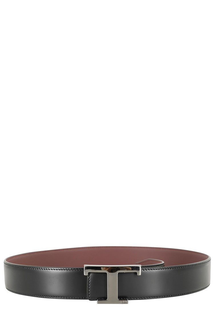 Tod's Black New T Belt Silver-Logo Calfskin Leather Belt