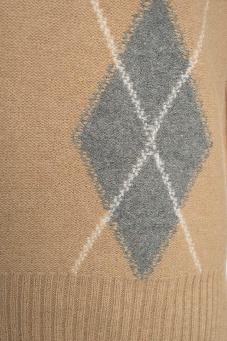 Paolo Pecora Beige Argyle Knit Polo With Ribbed Finish