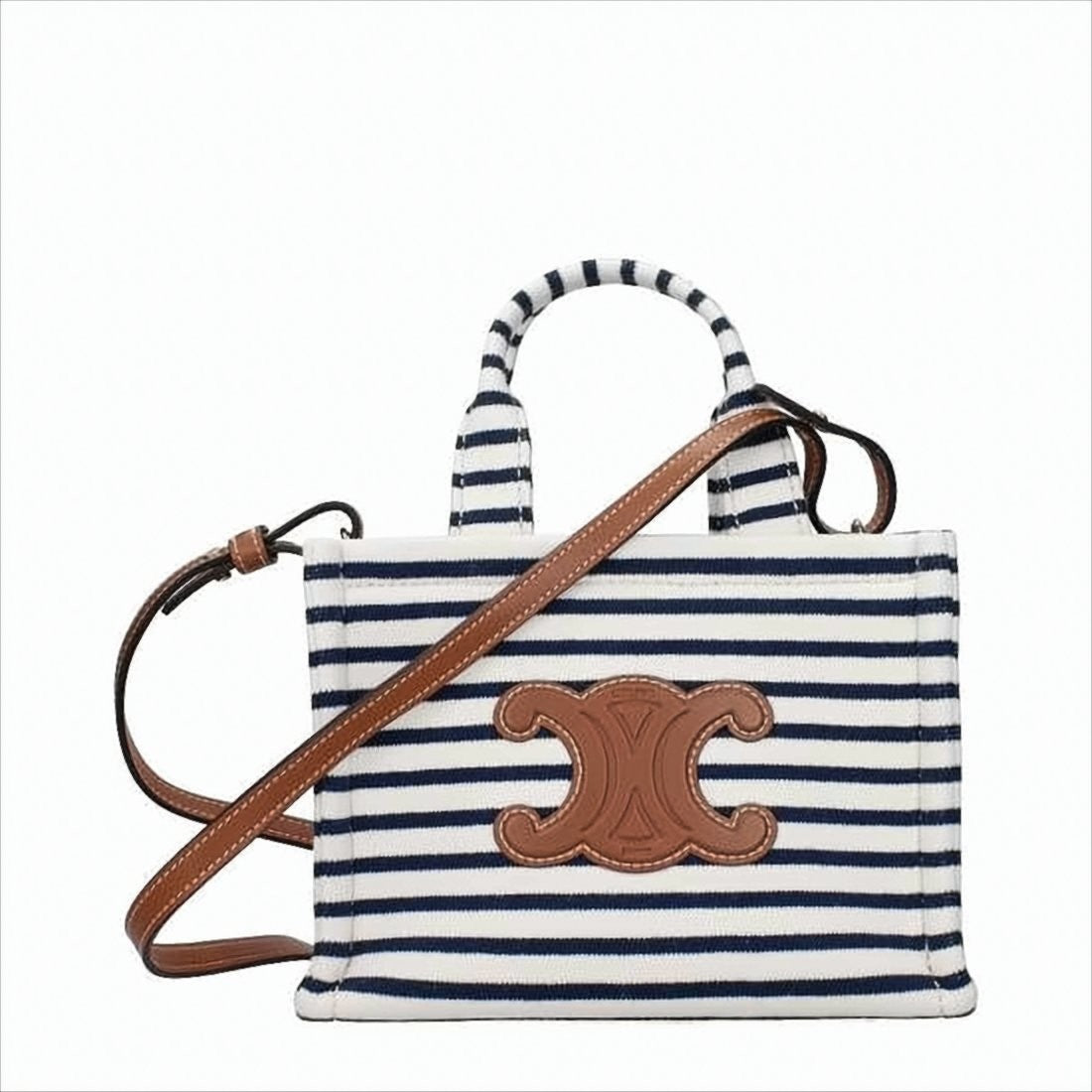 Celine Structured Navy And White Striped Celine Tote Bag With Detachable Leather Strap