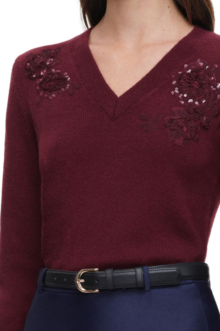 Self-Portrait Burgundy Knit Sweater With Deep V-Neckline And Floral Embellishments