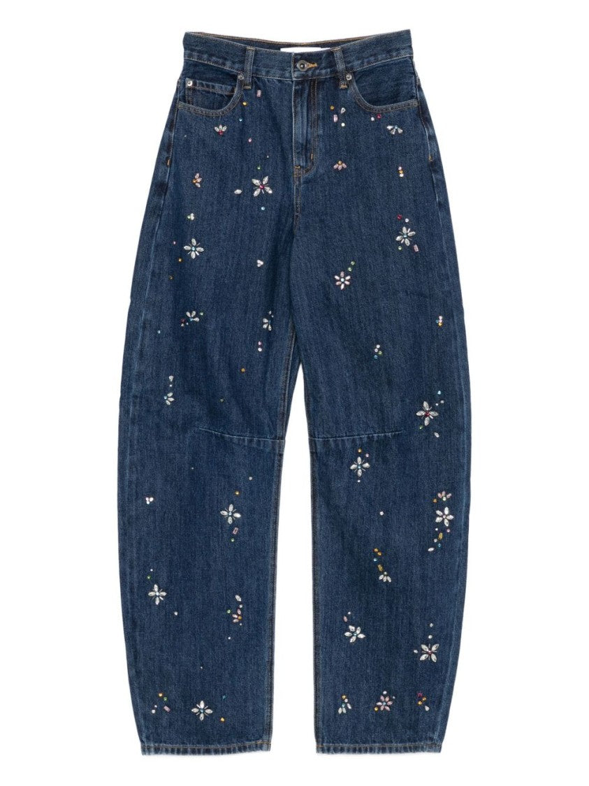 Self-Portrait Relaxed Wide-Leg Jeans With Floral Embellishments