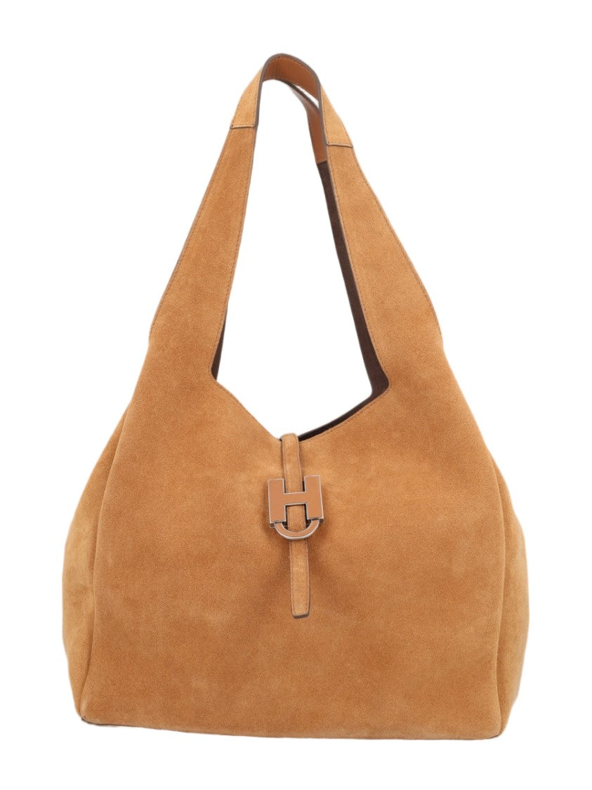 Hogan Spacious Tan Calfskin Tote Bag With Metallic Details
