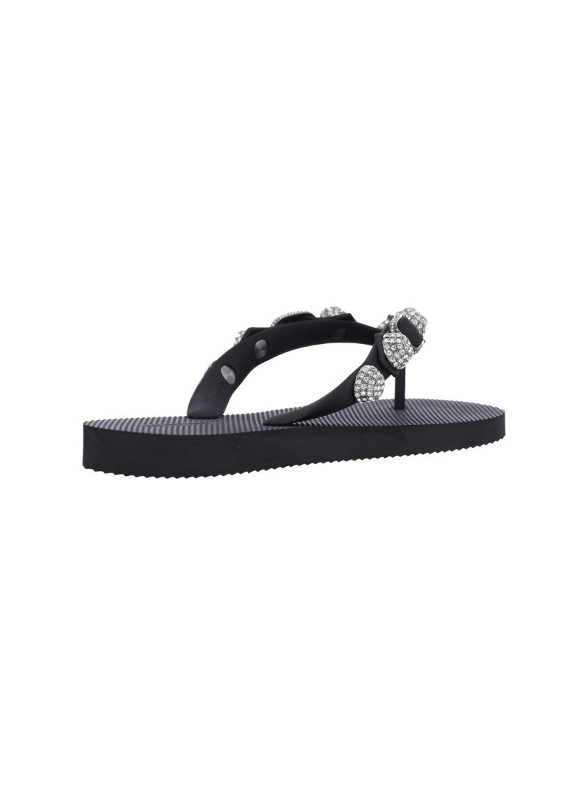 Balenciaga "Cagole" Stud And Rhinestone Flip-Flop Sandals – Black