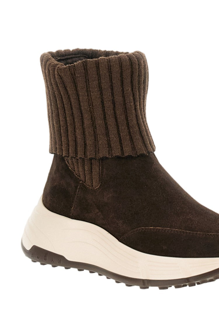Hogan Brown Ribbed Wool-Blend Platform Chelsea Boots