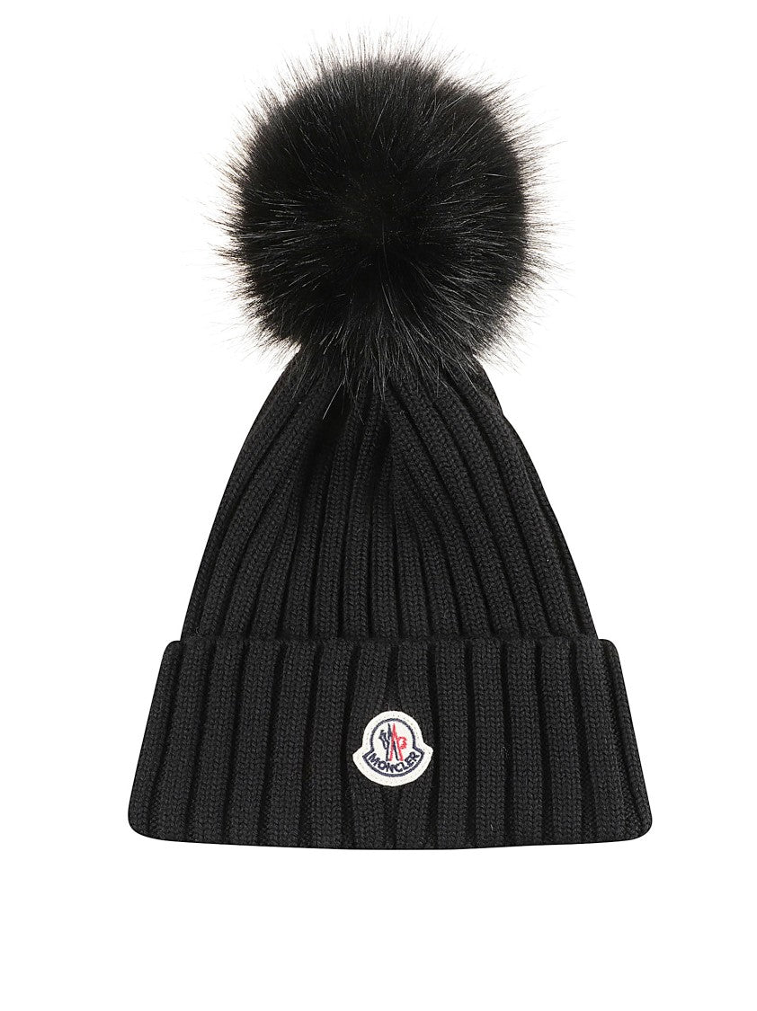Moncler Ribbed Knit Hat With Faux Fur Pompom