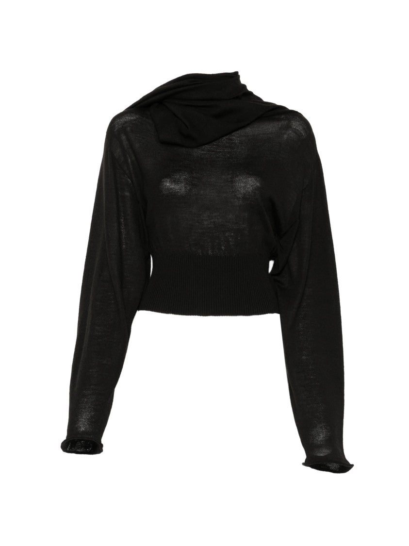 Rick Owens Cropped Black Long-Sleeved Top With Scarf-Inspired Neckline