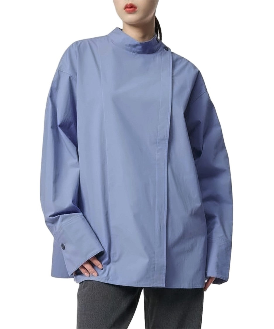 Studio Nicholson Boxy Blue Cotton Shirt With Asymmetrical Placket