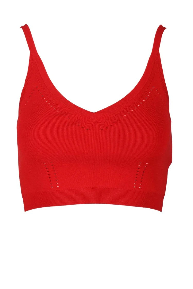 Max Mara Red Fitted Perforated Viscose-Blend Knit Top