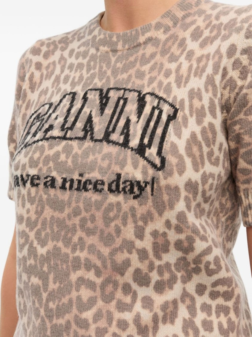 Ganni Short-Sleeved Leopard Print Top With Bold Lettering