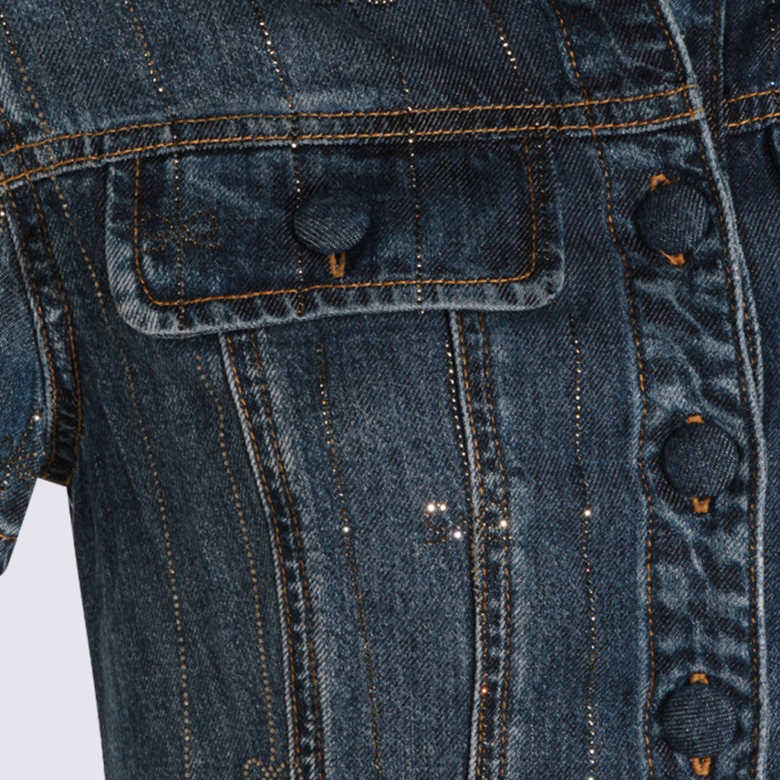 Self-Portrait Fitted Denim Mini Dress With Collared Neckline And Sparkling Accents