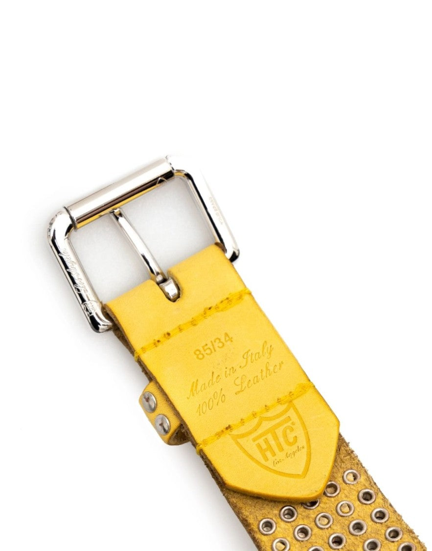 Htc Studded Yellow Leather Belt With Brass Buckle And Logo Rivet