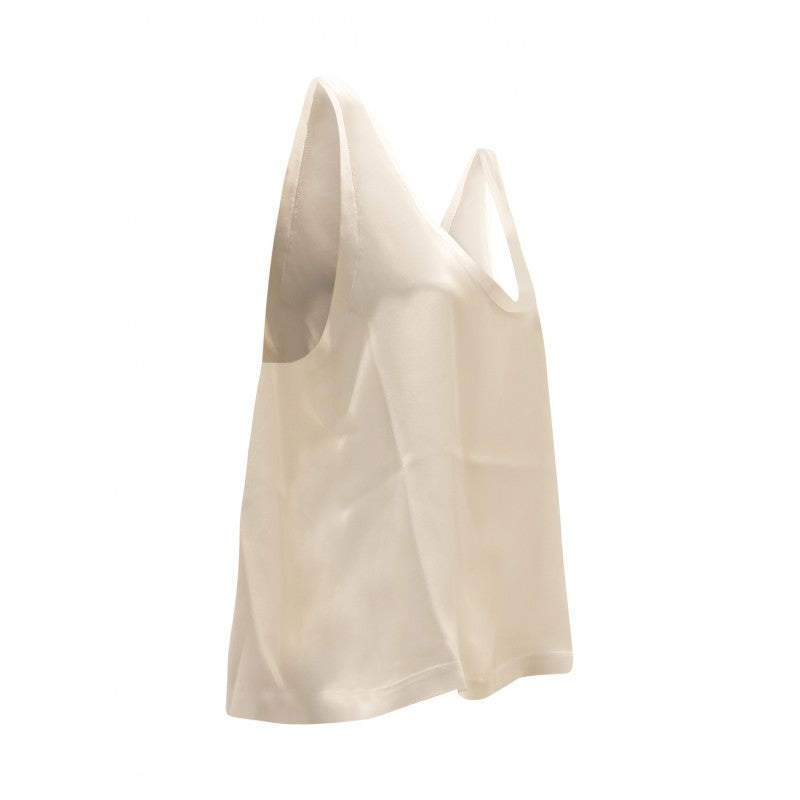 Sleep No More Sleeveless White Silk Top With Deep V-Neckline