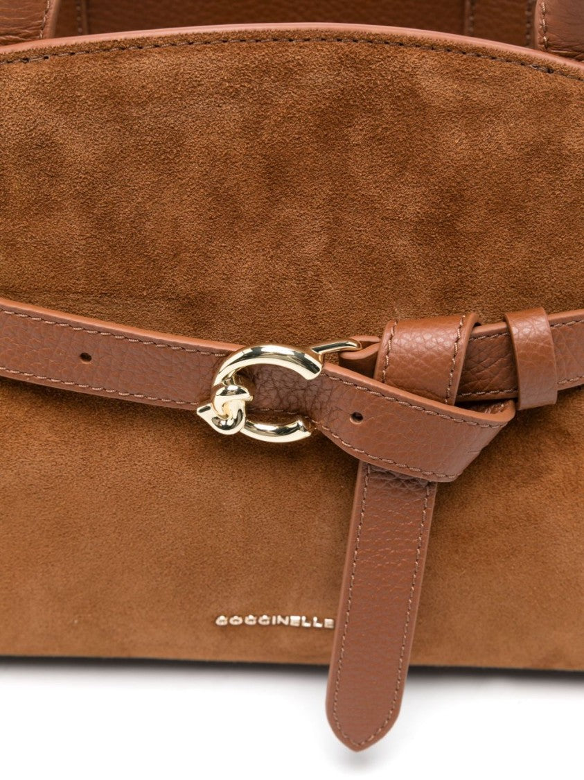 Coccinelle Structured Brown Calf Suede Handbag With Gold-Tone Buckle
