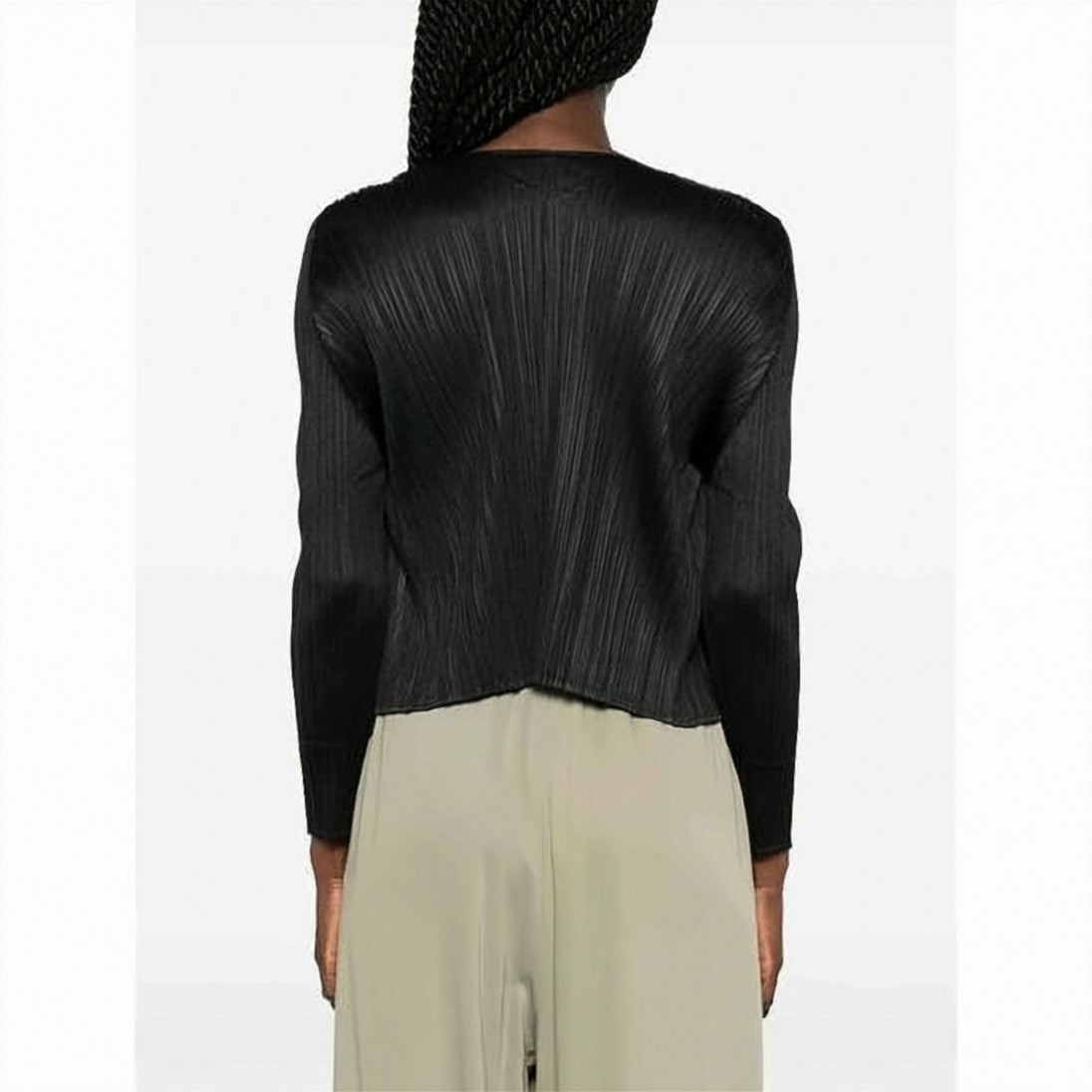 Pleats Please Asymmetrical Pleated Cardigan With Deep V-Neckline