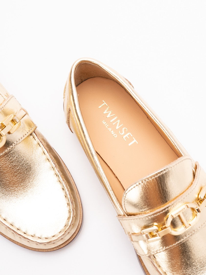Twin-Set Gold Metallic Loafers With Decorative Chain Detail