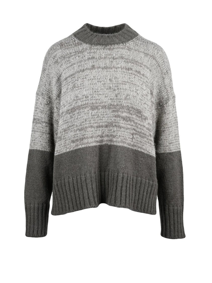 Alpha Studio Crew Neck Lamé Sweater With Two-Tone Knit Design