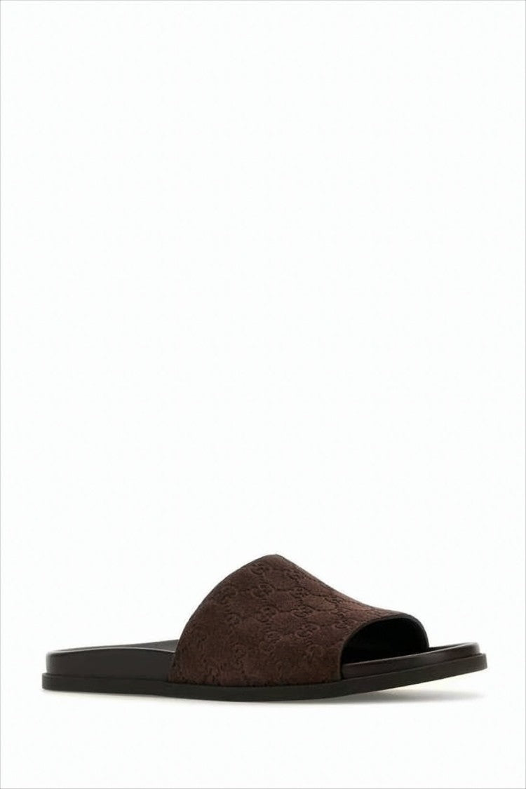 Gucci Brown Suede Sandals With Embossed Strap