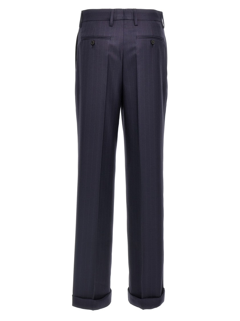 Prada Pinstripe Gabardine Trousers With Tailored Pleat And Turn-Up Hem