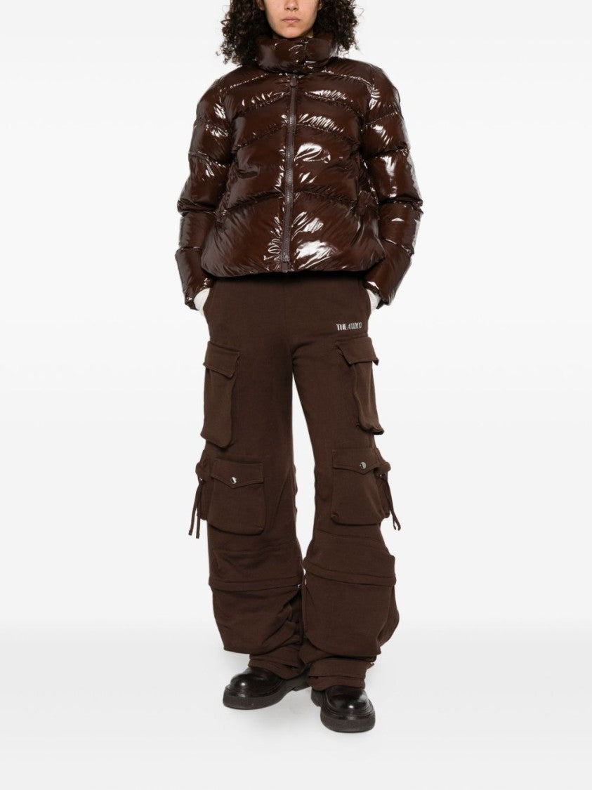 Pinko Quilted Brown Coat With High-Shine Finish And Funnel Neck