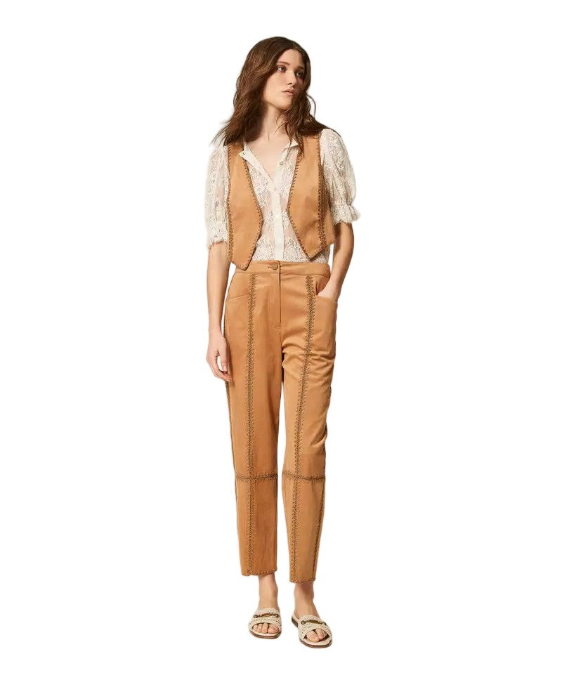 Twinset U&B Brown Suede-Effect Saddle Stitch Straight-Leg Pants