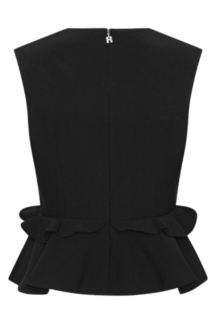 Rotate Black V-Neck Flower Applique Ruffled Waist Top