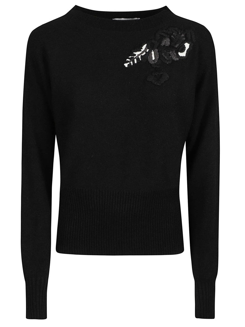 Ermanno Firenze Fitted Round Neck Sweater With Floral Applique Detail