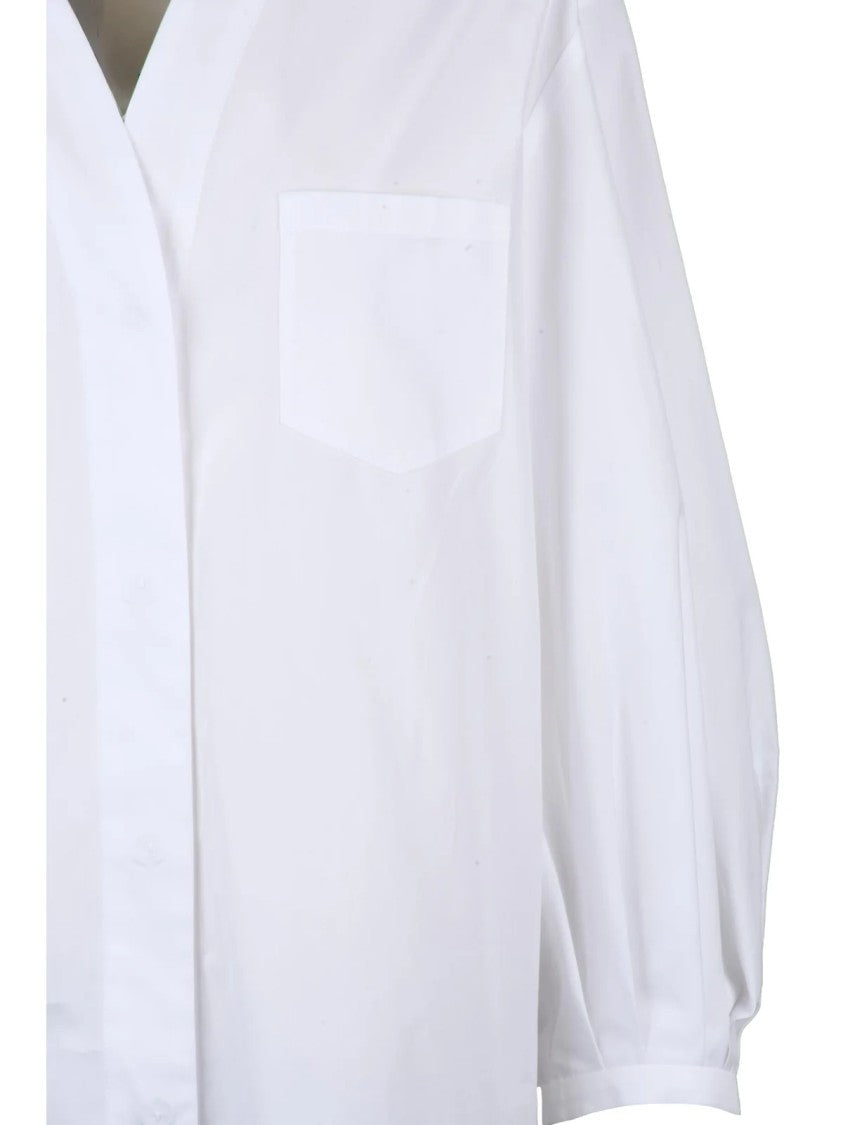 Max Mara Puff Sleeve Cotton Shirt With V-Neckline And Delicate Ties