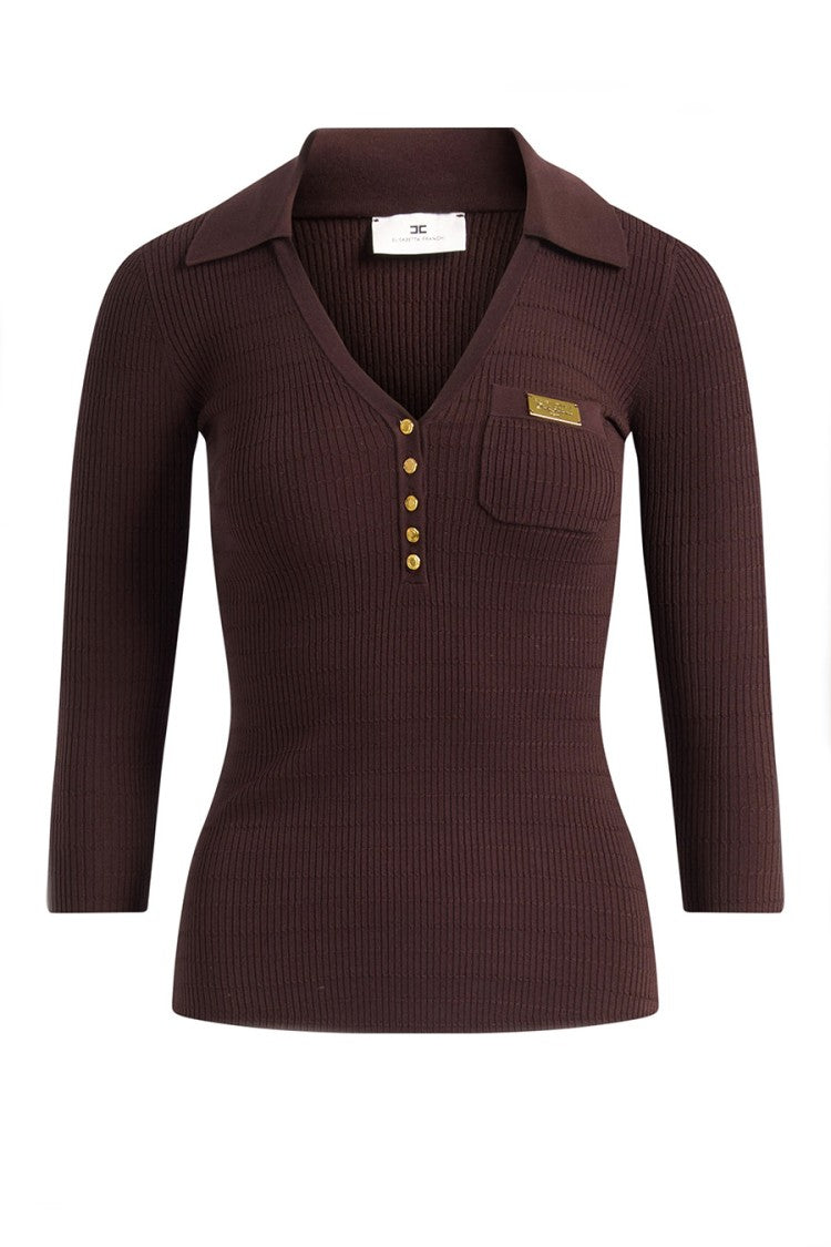 Elisabetta Franchi Brown Collared V-Neck Ribbed Lyocell-Silk Polo Sweater