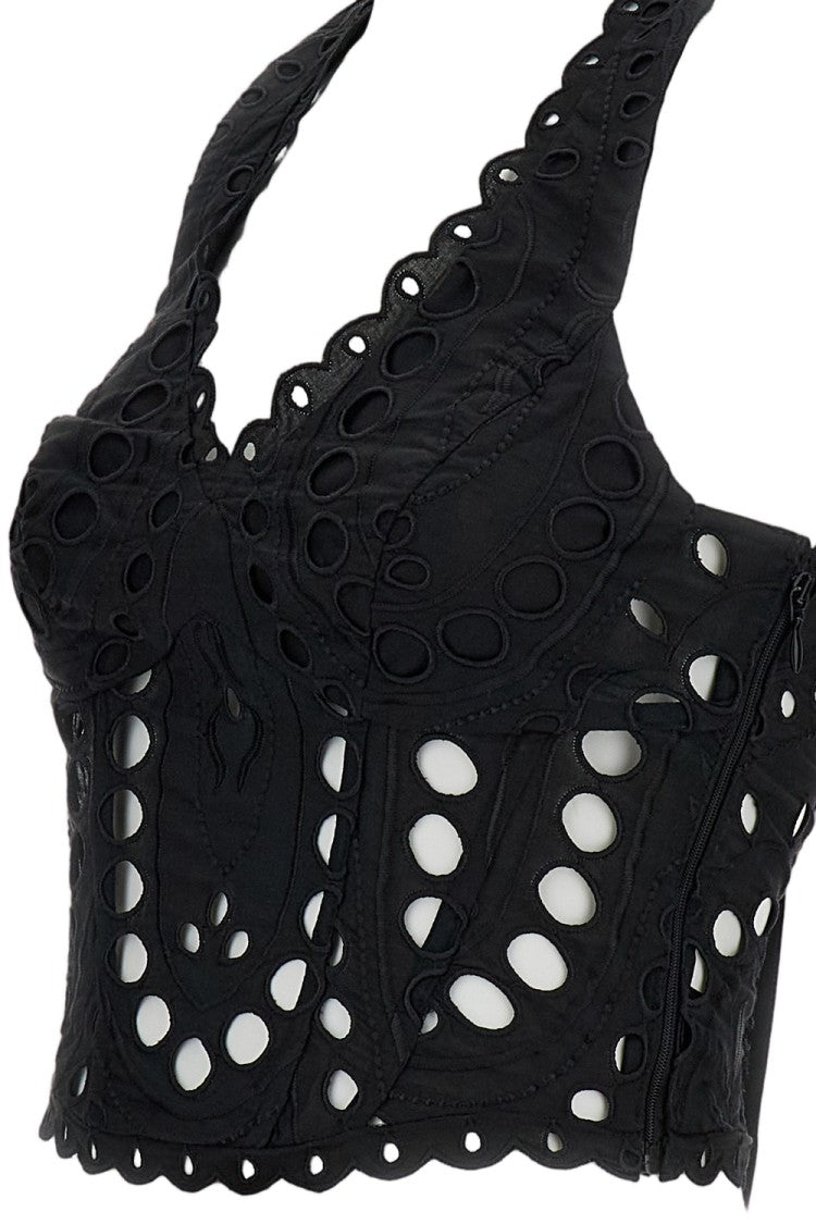 Charo Ruiz Ibiza Black Halter Eyelet Top With Smocked Back