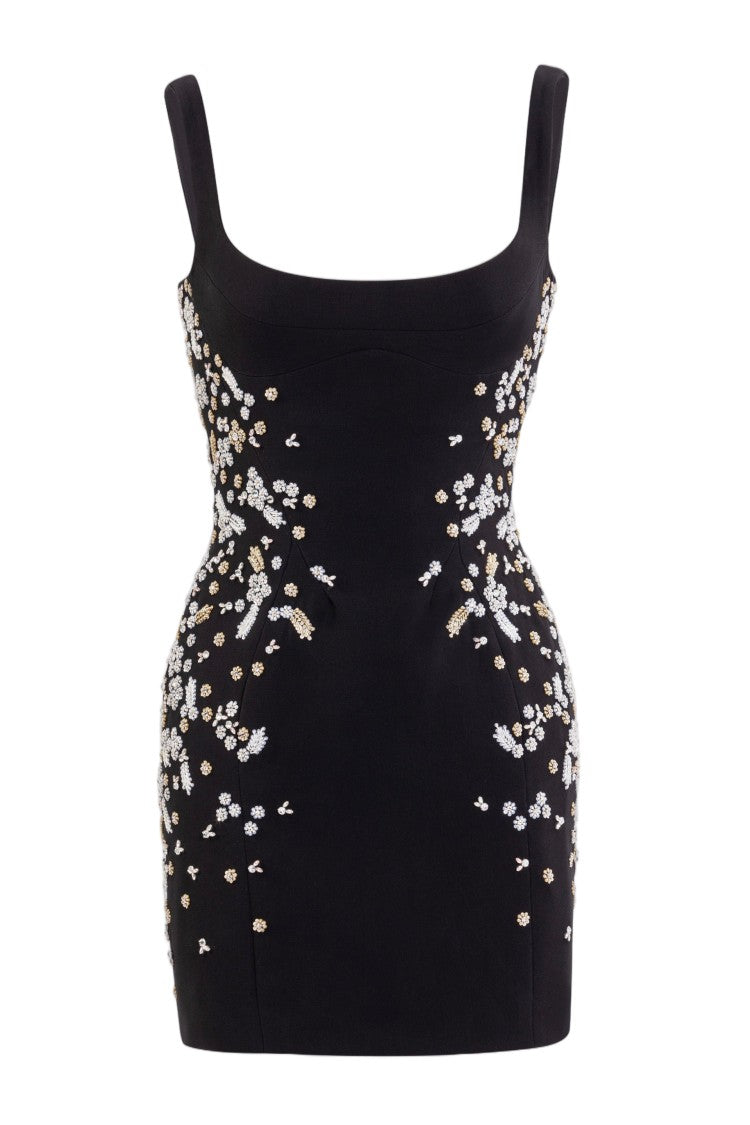 Saiid Kobeisy Jet-Black Crepe Mini Dress With Floral Hand-Embroidery