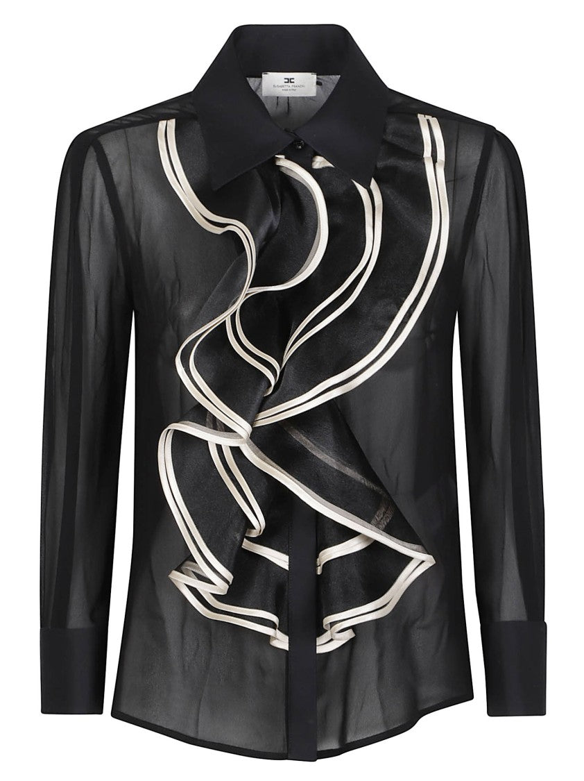 Elisabetta Franchi Black Long Sleeve Sheer Viscose Ruffle Shirt