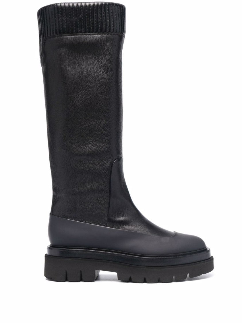 Santoni Black Ribbed Leather Knee-High Boots
