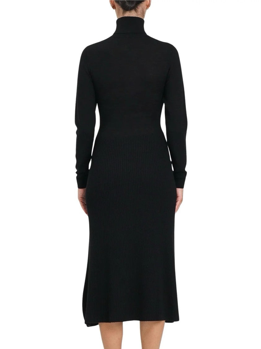 Elisabetta Franchi Fitted Black Knit Dress With High Turtleneck And Ribbed Texture