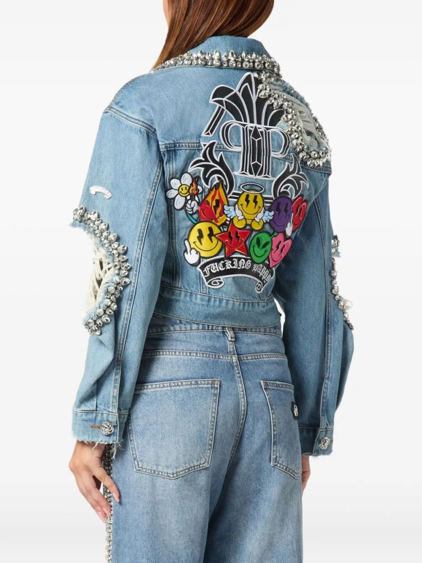 Philipp Plein `Smile` Denim Cropped Jacket