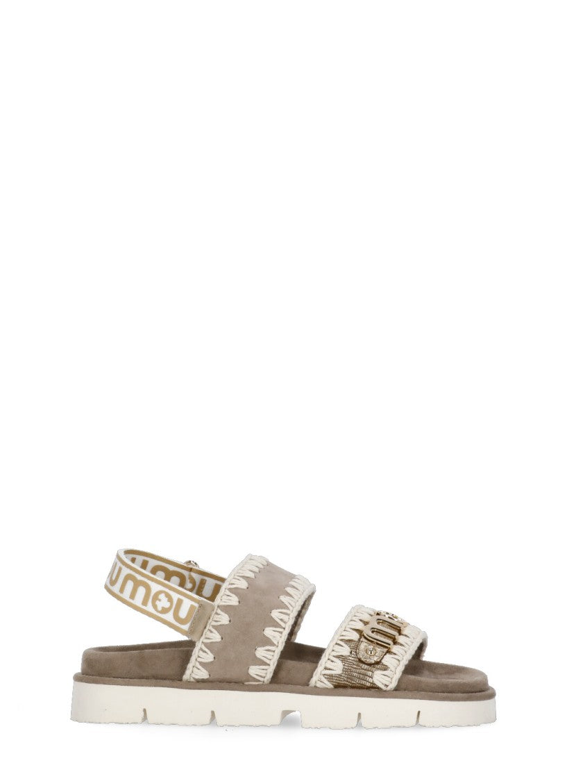 Mou Dove Grey Crochet Embroidery Sandals