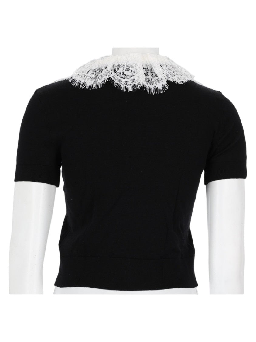 Self-Portrait Short-Sleeved Lace Details Wool Top