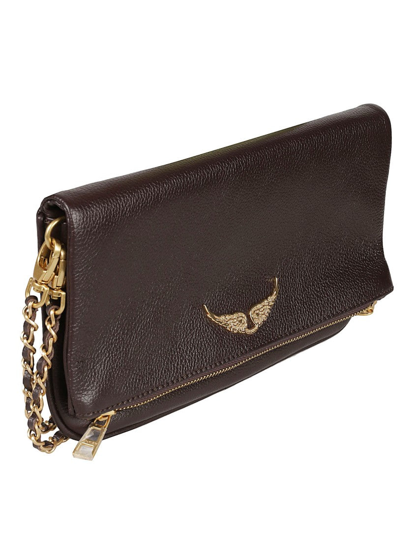 Zadig & Voltaire Rock Pebbled Leather Gold Wing Emblem Shoulder Bag