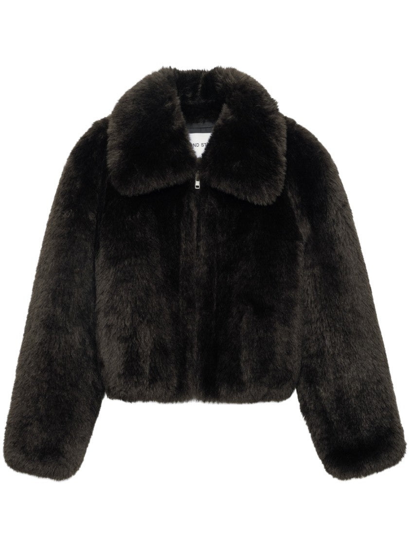 Stand Studio Plush Cropped Jacket With Wide Collar And Zipper Closure