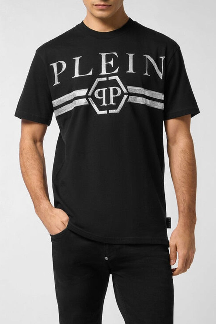 Philipp Plein Black Striped Chest Band Hexagon Patch Cotton T-Shirt
