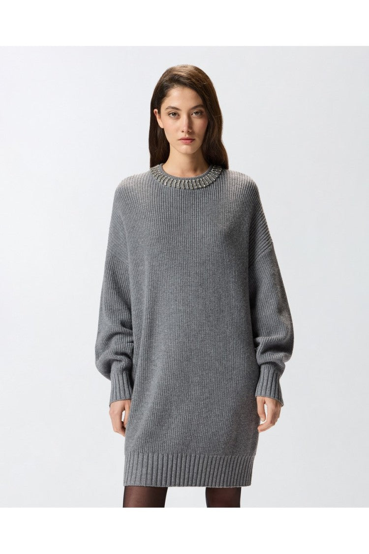 Pinko Grey Rhinestone Crewneck Ribbed Nylon-Viscose Mini Dress