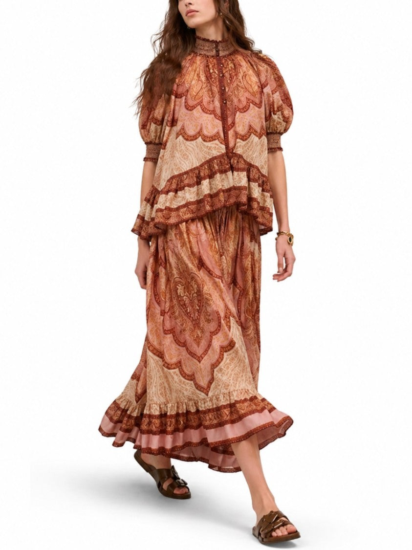 Zimmermann Earthy Paisley Silk Ruffle Blouse