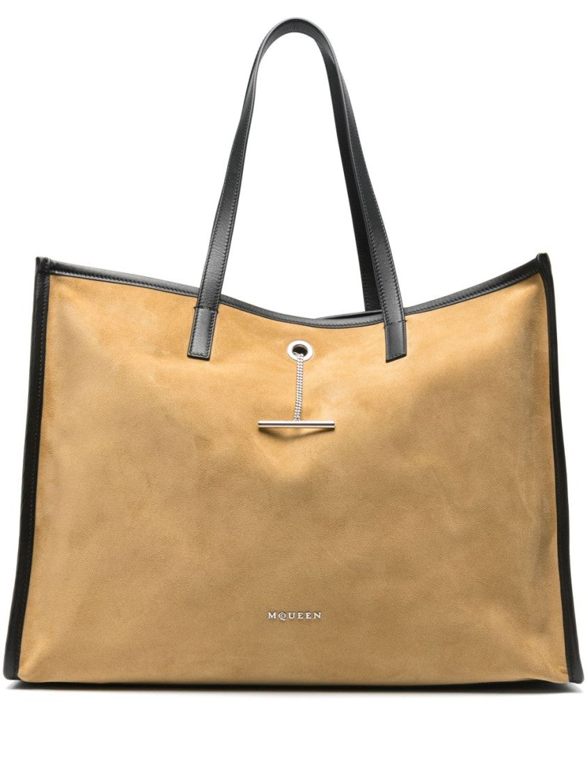 Alexander Mcqueen Sesame Beige Suede Tote With T-Bar Fastening