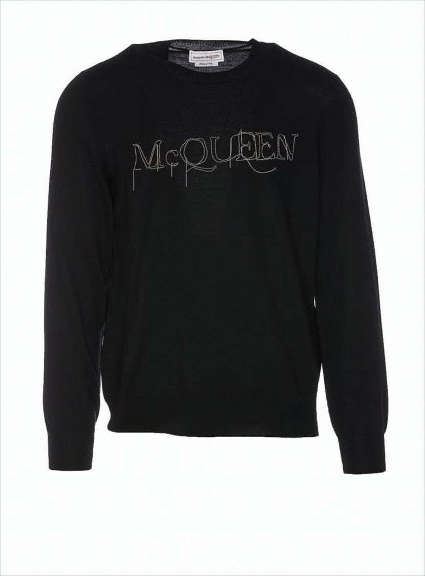 Alexander Mcqueen Crew Neck Black Wool Sweater With Artistic Embroidery