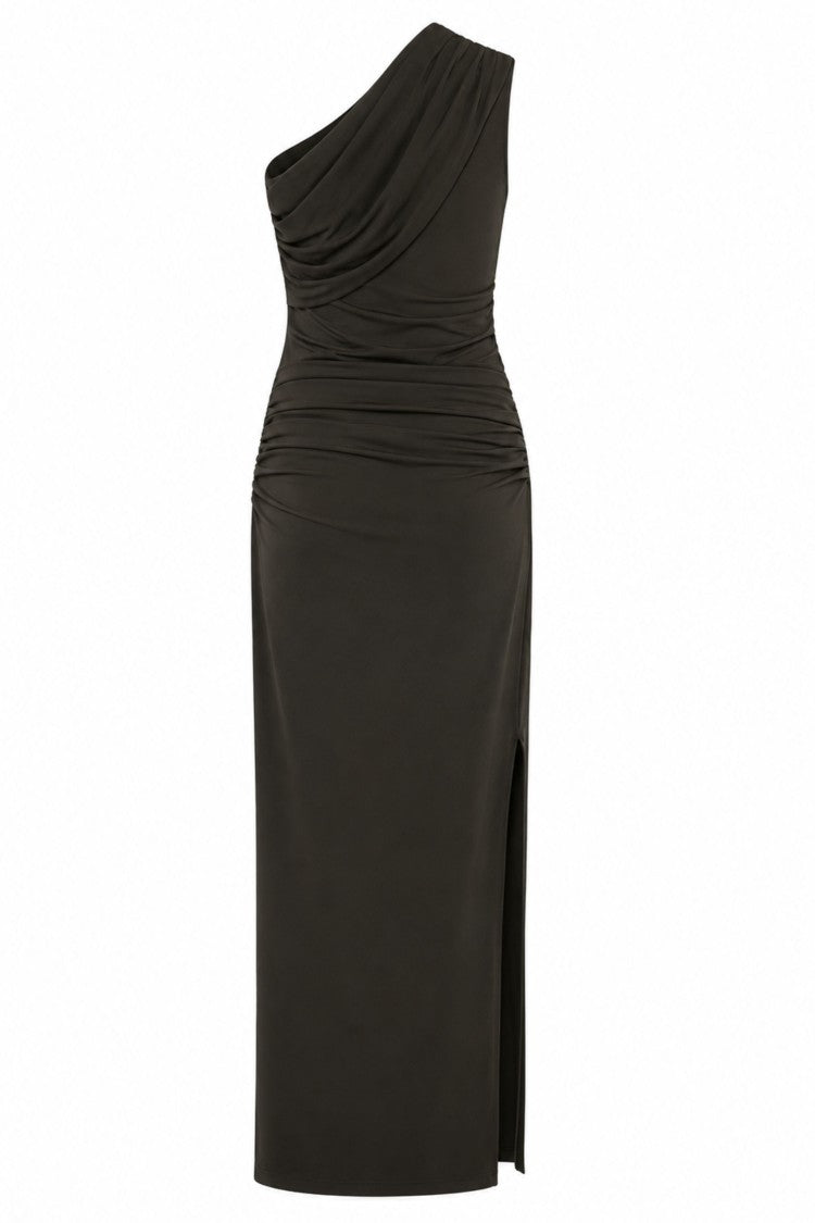 Rotate Olive Green Draped One-Shoulder Side Slit Evening Dress