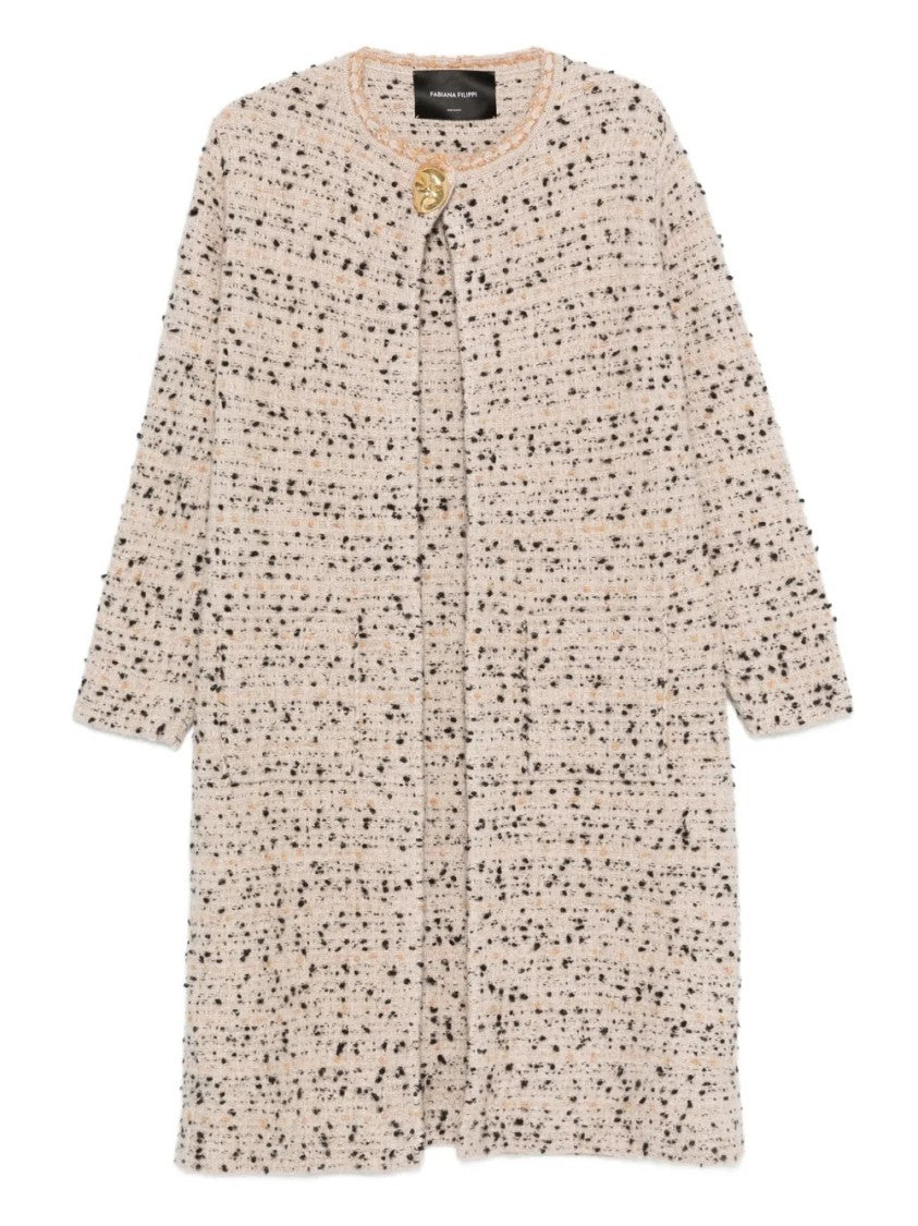 Fabiana Filippi Textured Speckled Long Coat With Layered Hem And Decorative Button