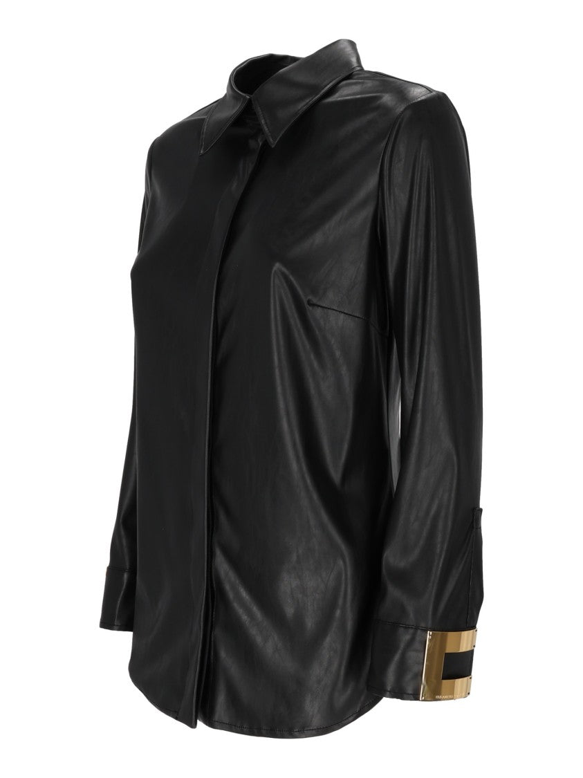 Elisabetta Franchi Black Shirt With Classic Collar And Metallic Gold Accents